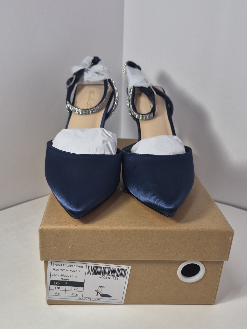 Navy Satin Pointed Slingback Flats with Crystal Strap